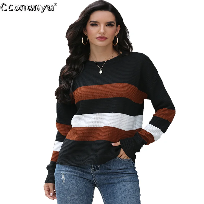 

Women Striped Color Matching Pullover Sweater Casual Autumn Winter Loose O Neck Long Sleeve Casual Loose Knitted Wear Sweater