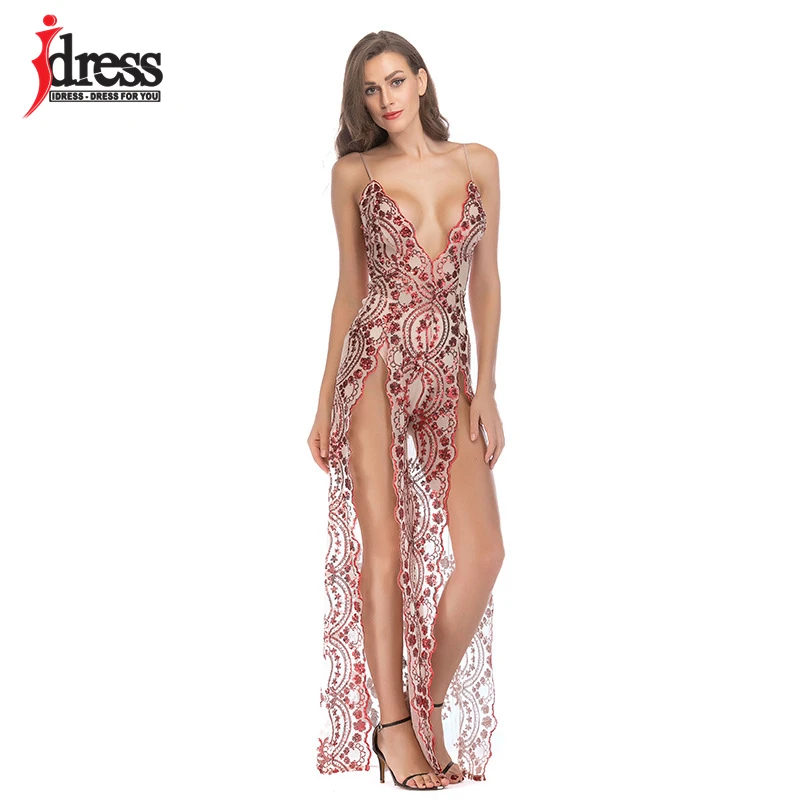 Длинное вечернее платье с блестками IDress облегающее на тонких бретелях v образным