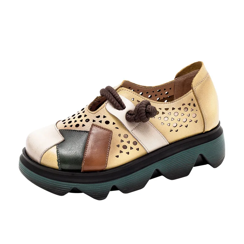 

XIKUO Leather Mixed Color Women's Shoes Summer Sandals Retro Slope with Hollow Handmade New Casual Platform Sandals