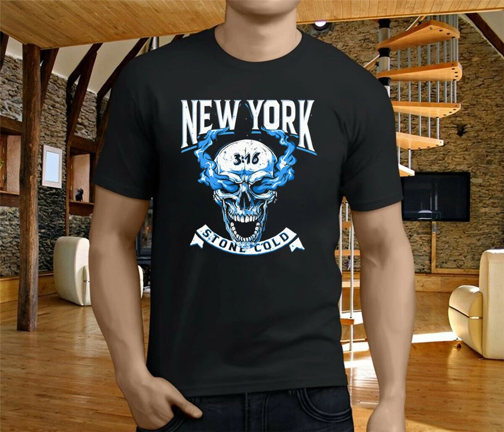 Мужская и женская футболка с принтом New York Stone Cold Steve Austin черно-темно-синяя