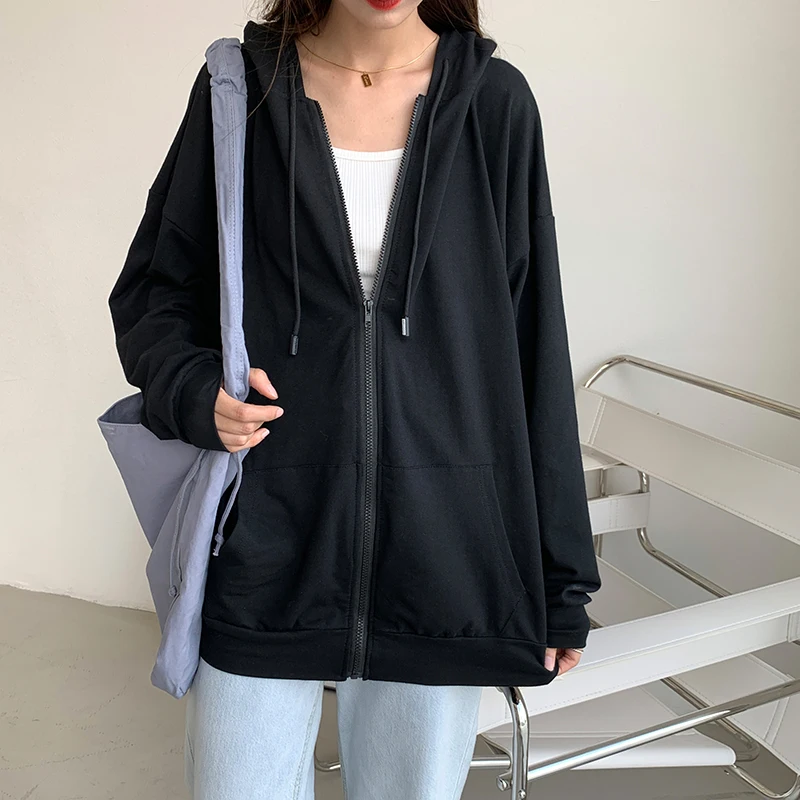 

2021 New Harajuku Korean Fashion Loose Autumn and Winter Coat Retro Solid Long Sleeve Hooded All-match Casual Girls BF T Shirts