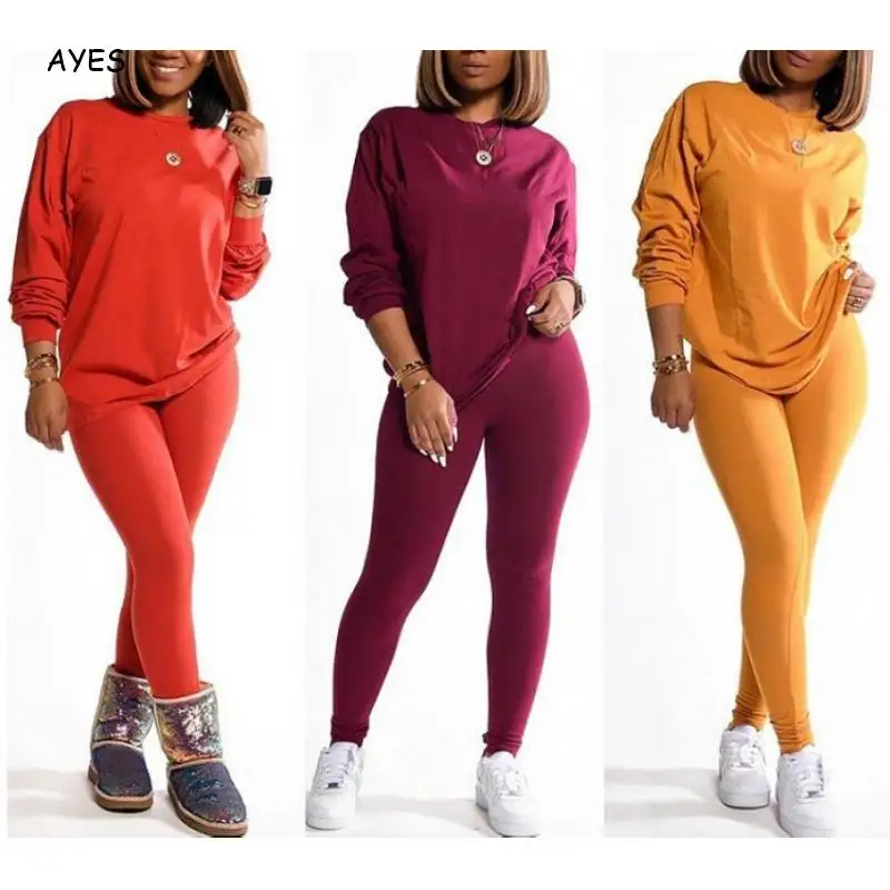 

Повседневный Женский однотонный комплект из 2 предметов, женская осенняя одежда, модные топы с длинным рукавом и брюки, одежда для отдыха, 2020...