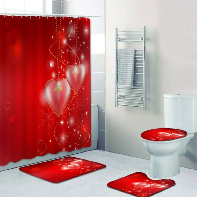 

4-piece Set Shower Bathroom Products Personalized 3D Digital Printing Shower Curtain Carpet Floor Mat Combination Hot