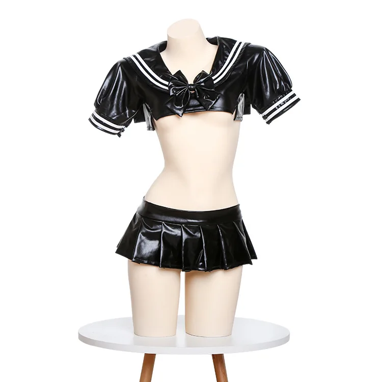 

Woman Sexy Halloween Costumes Bowknot Tops Skirt Kawaii Lingerie Set PU Leather Sexy School Girl Underwear Maid Uniform