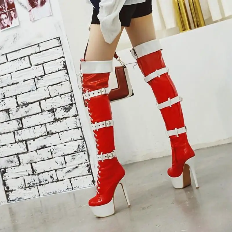 

2020 Sexy Over-the-Knee Boots Female Thin Heeled Platform Strap Club Costume Color Super High Heels Model Shoes Woman Long Boots