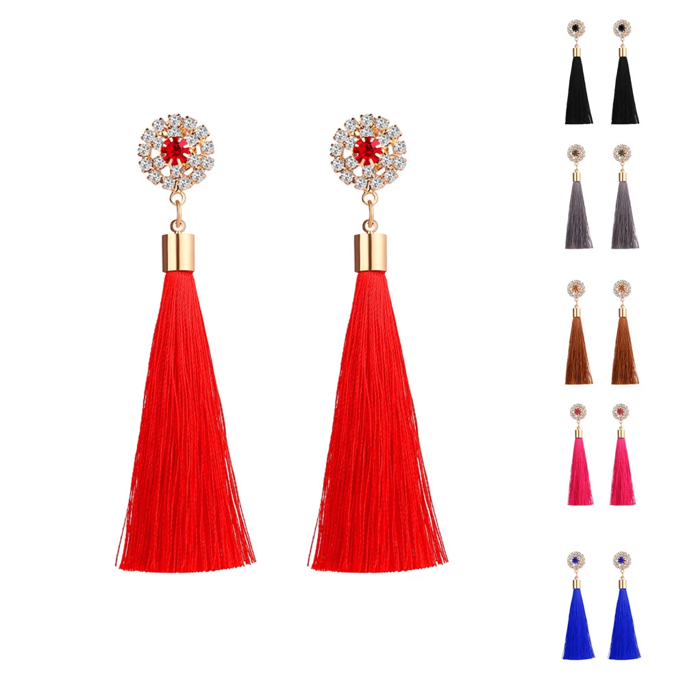 Женские длинные серьги кисточки ручной работы из шелка с кристаллами модные