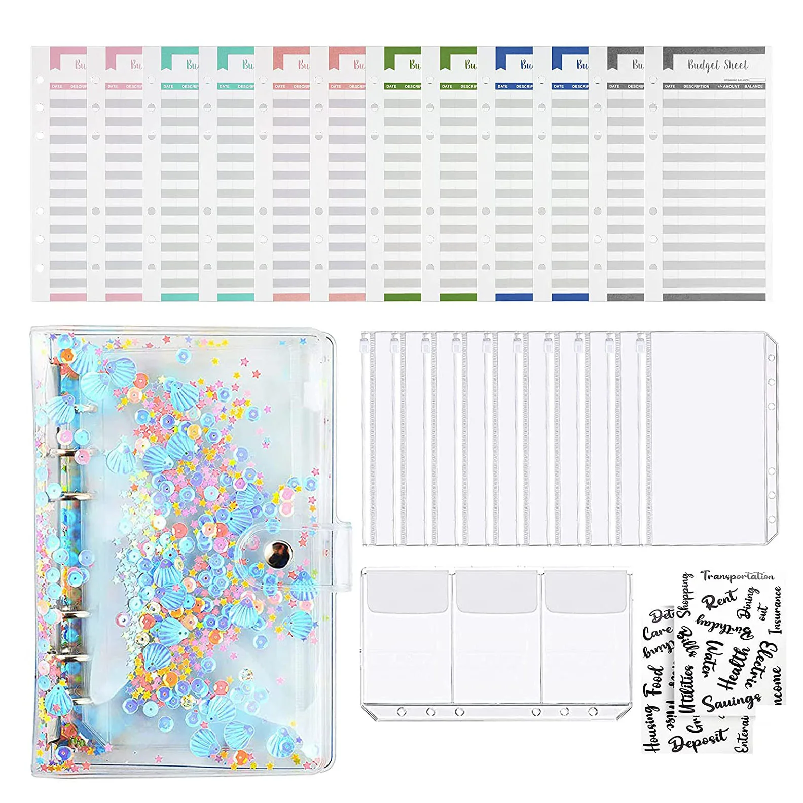 

26 Pieces A6 Glitter Binder Budget Envelopes Planner with 10 Zipper Pockets,Card Sleeve, Letter Stickers,Expense Budget Sheets