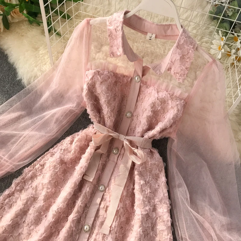 Новинка 2019 женское Сетчатое платье с пышными рукавами и цветочным рисунком