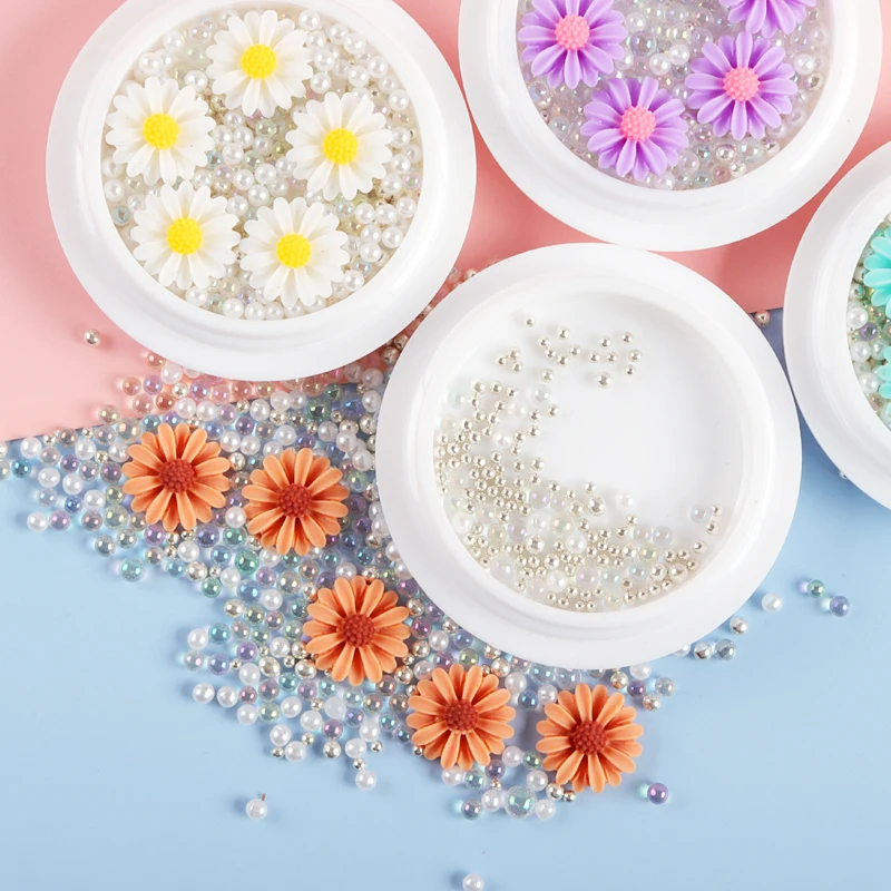 2021 нейл арта в виде небольшой ромашки хлопья микс переливающиеся стеклянные бусы