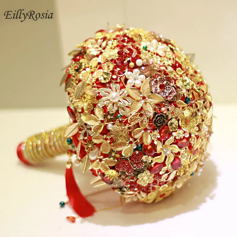 Фото EillyRosia High-end Китайский Свадебный букет, красные, золотые, роскошные украшения Винтаж Букеты Свадебные Золотой Рубин Элегантные Exquisive №2