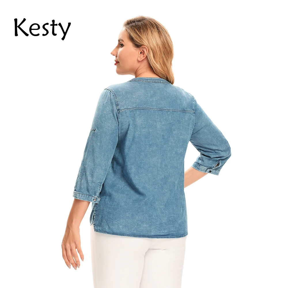 

KESTY Women's Plus Size Denim Tops Shirt Spring Slim Fit Shirt Casual Shirt Woven Denim Three QuarterSleeve