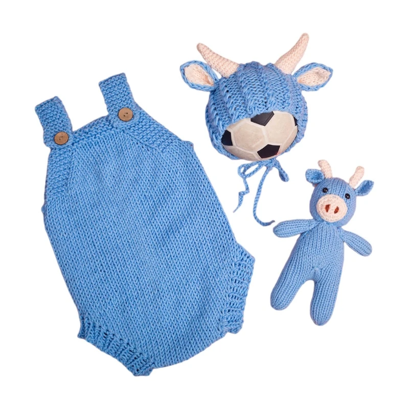 

Baby Crochet Cow Doll Cute Ox Hat Bonnet Beanies Cap Knitted Stuffed Toys Romper Set Newborn Photography Props Outsuits Infants