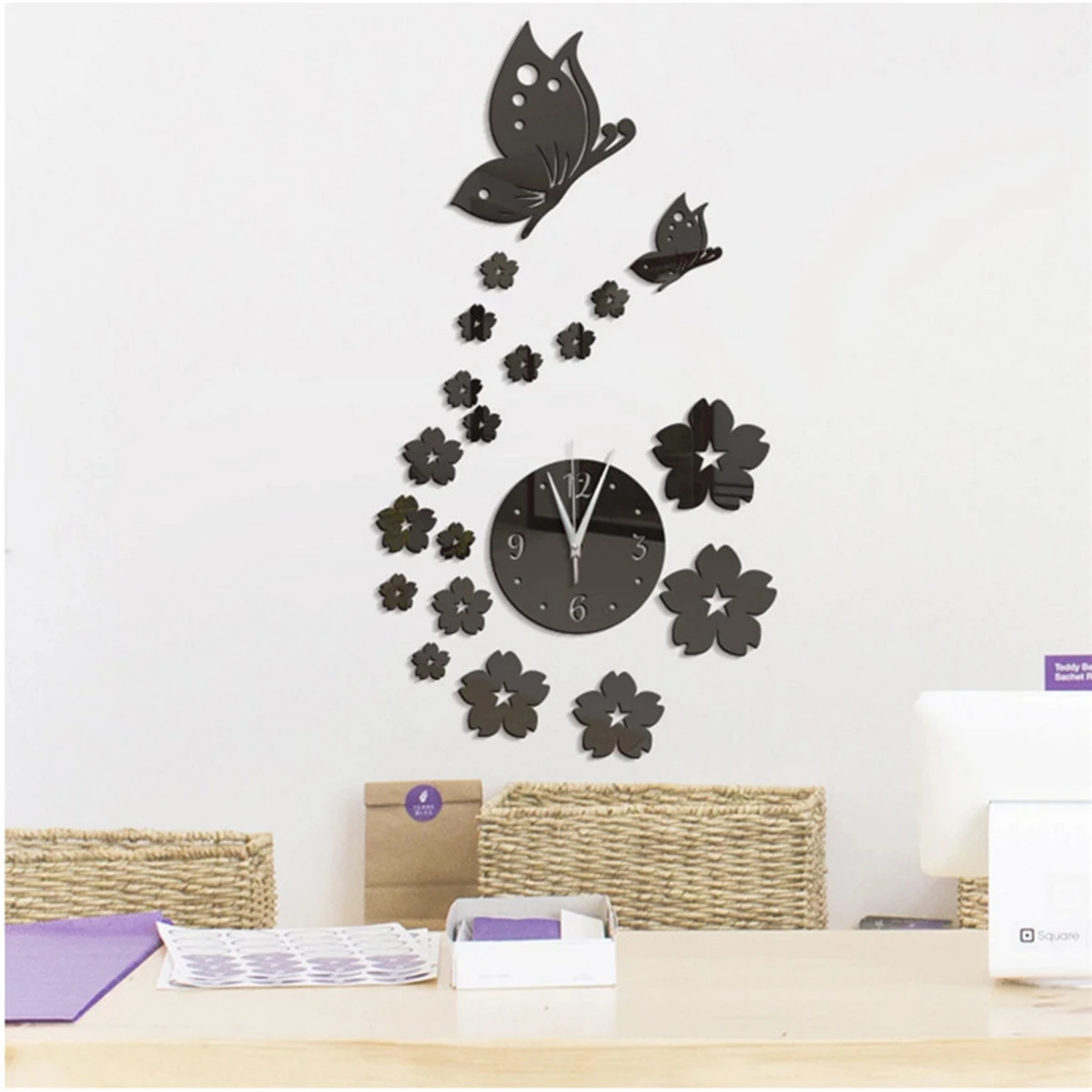 

3D Mirror Wall Clock DIY Crystal Watch Wall Clocks Home Decoration, Reloj De Pared 2 Butterfly and 17 Flowers