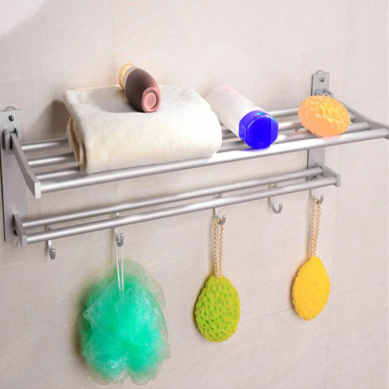 405060cm space aluminum double towel rack with 5 hooks foldable towel kitchen bathroom shelves bathroom accessories free global shipping