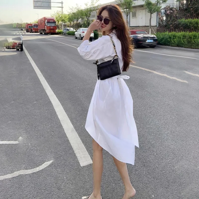 

SHENGPALAE White Sexy Deep V-neck Shirt Dress Women's Summer 2021 New Twist Waist Half Sleeve Split Dresses Female Tide 5E2163