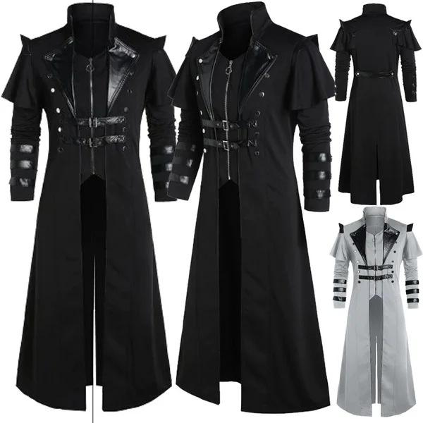 Vintage Men's Gothic Steampunk Long Jacket Trench Coat Retro Medieval Warrior Knight Overcoat Male Victoria Long Coat Plus Size