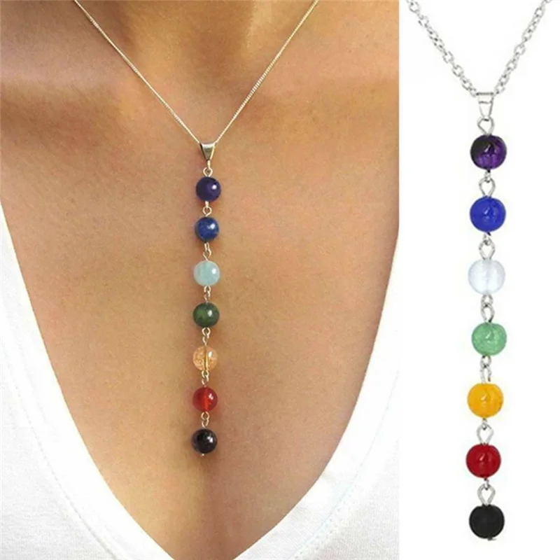 

7 Chakra Gem Stone Beads Pendant Necklaces Woman Yoga Reiki Healing Balancing Maxi Chakra Clavicle Chain Jewelry Accessories