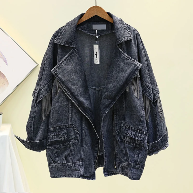 Женская джинсовая куртка с длинным рукавом цепочкой и кисточками|Женские куртки|