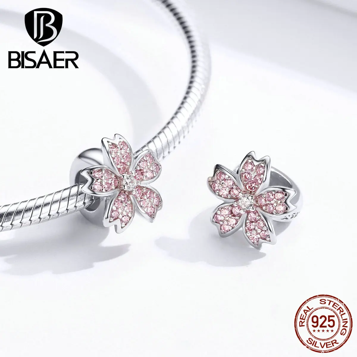 BISAER горячая Распродажа 925 пробы серебряные бусины Сакура Цветы Подвески подходят для браслетов Розовый Циркон Серебро 925 оригинальные ювелирные изделия