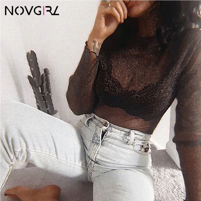 Novgirl модные люрекс сетки футболки Для женщин 2019 на осень с длинными рукавами и