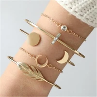 best selling popular womens moon feather alloy word bracelet bracelet 5 sets