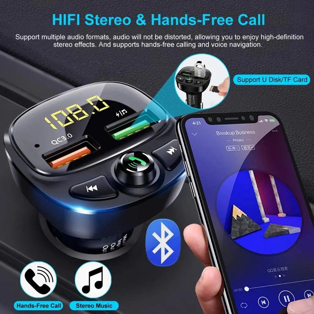 

Bluetooth FM Transmitter for Car Mini Bluetooth 5.0 Car Radio Audio Adapter Receiver Wireless Hands-Free Car Kit, with Dual USB