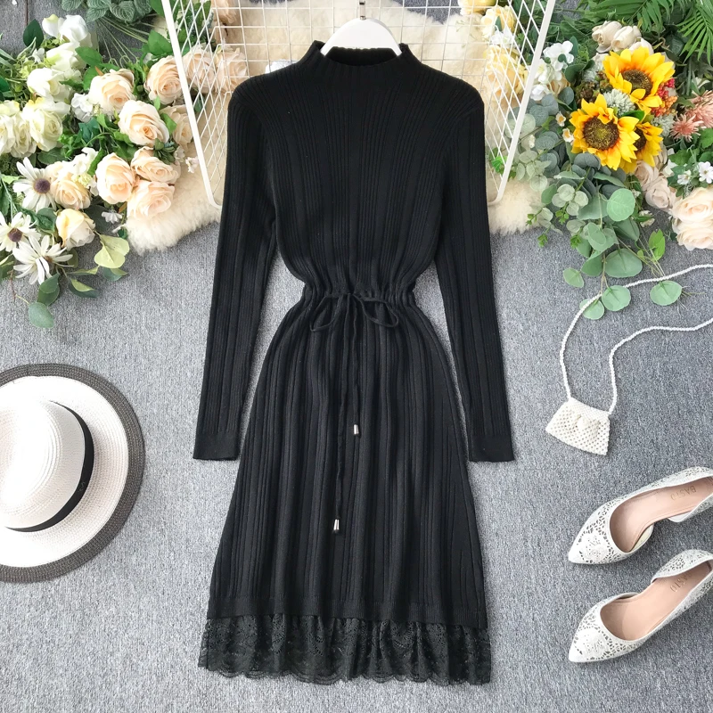 JoinYouth кружевные лоскутные вечерние платье Винтаж однотонный корейский вязаный