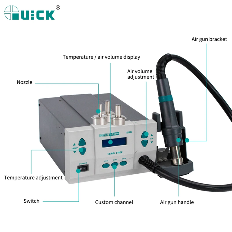 Паяльная станция QUICK 861DW 1000 Вт оригинальная паяльная с тепловой пушкой и насадкой