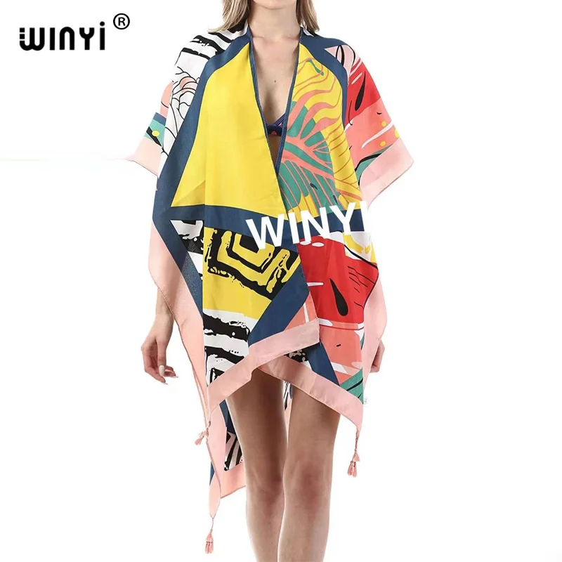

Africa new Cotton Bikini Sweet Lady Pink Boho Print Self Belted Front Open Long Kimono Dress Beach Tunic Women Wrap Dresses