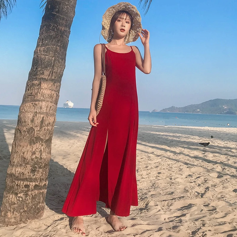 Женское пляжное платье TingYiLi с разрезом открытой спиной винно-красного цвета |