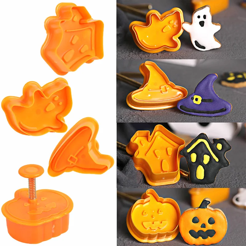 

4pcs Halloween Party Decoration Pumpkin Ghost Theme Plastic Cookie Cutter Plunger Fondant Chocolate Mold Cake Decorating Tools