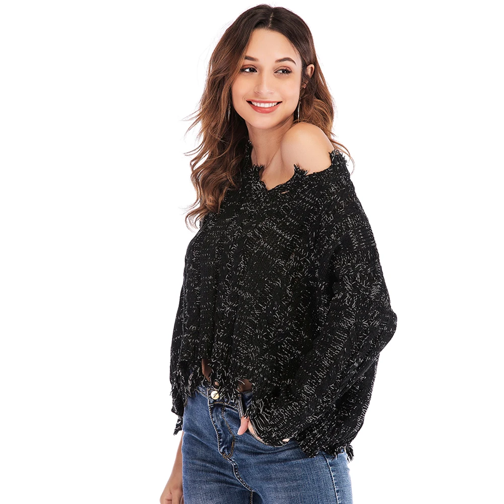 Autumn Winter Sweater Women 2019 Casual Warm Knitted Ripped Sweaters Sexy V Neck Long Sleeve Elegent Oversize Female | Женская одежда