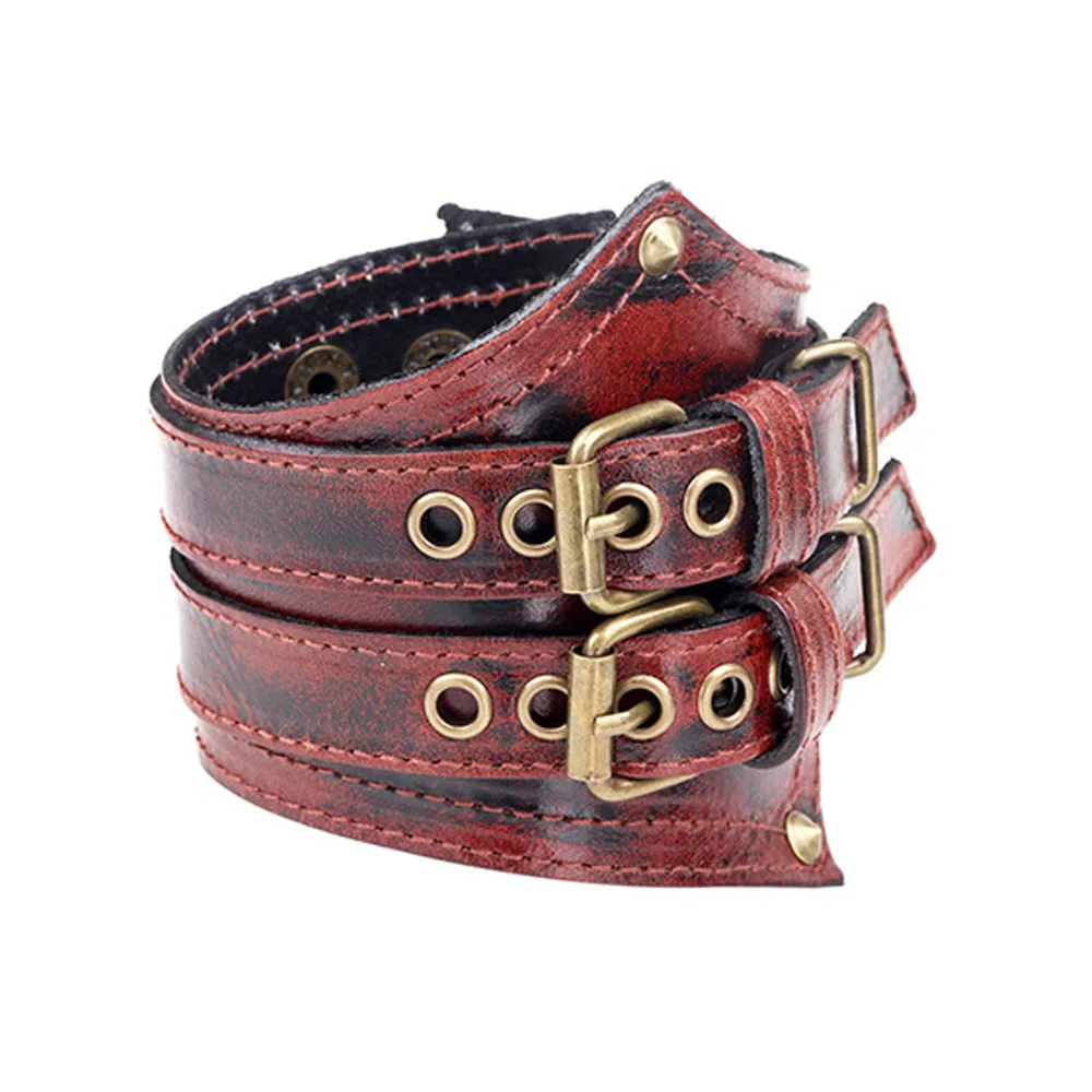 Мужской широкий кожаный браслет в стиле стимпанк черный коричневый