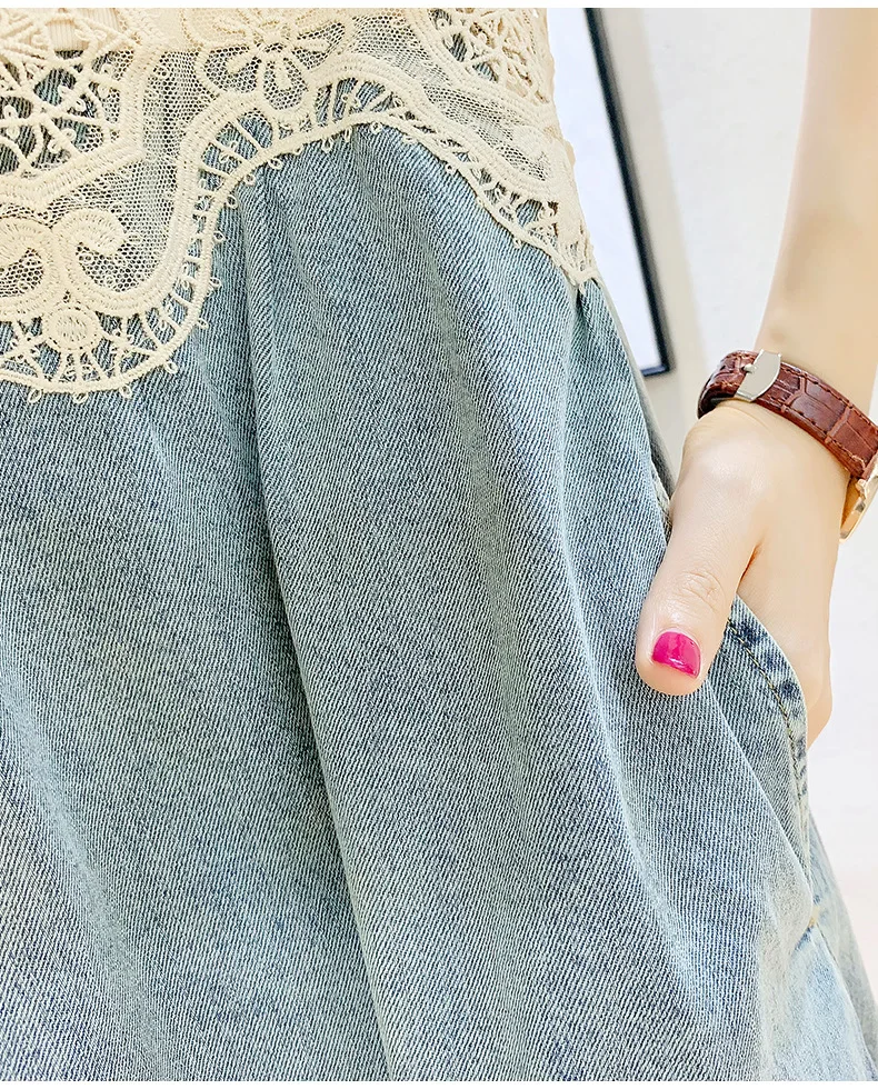 

Patchwork Design Denim Dress 2021 Summer Women's Clothing New Lace Decorative Solid Color Midi Dress Vestidos De Mujer