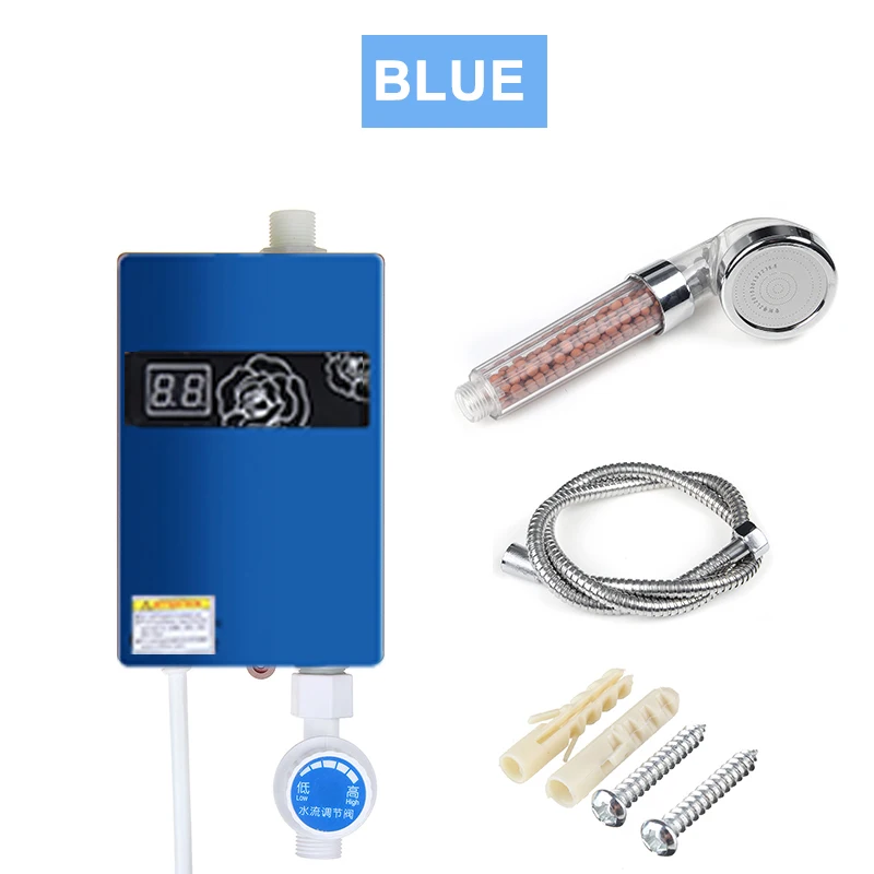 Blue Universal 300W Electric Water Heater Instant Tankless Water Heater 220V 3KW Temperature display Heating Shower+Shower Nozzle - Цвет: Blue