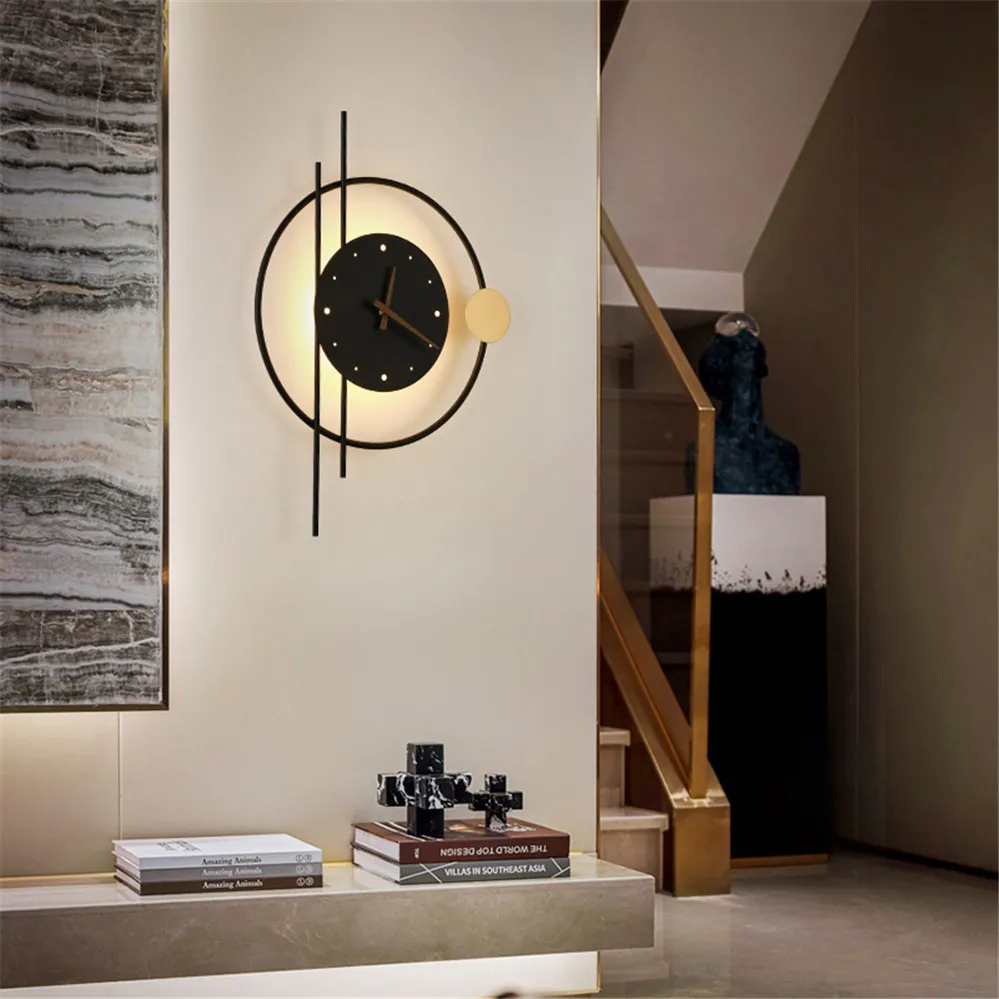 

Nordic Art Deco Black Gold Ring Metal Clock Led Wall Lamp Industrial Loft Corridor Aisle Stairs Wall Sconce Living Room Lights