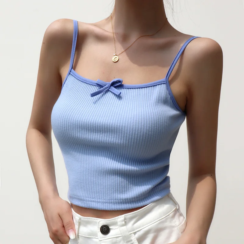 

Women Contrast Trimming Ribbed Camisole Bow Detail Crop Cami Top A187