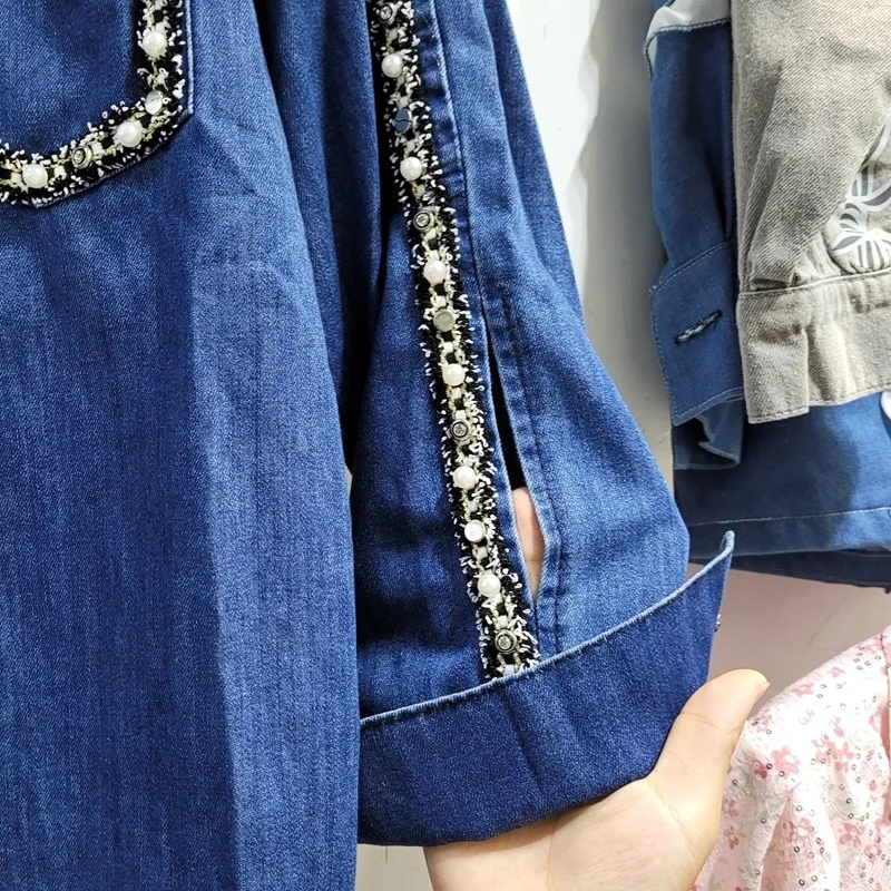 

Autumn Pearl Beaded Mid-length Women Blue Denim Jacket Korean Loose Lapel Long Sleeve Casual Jeans Jacket Female Chaqueta Mujer