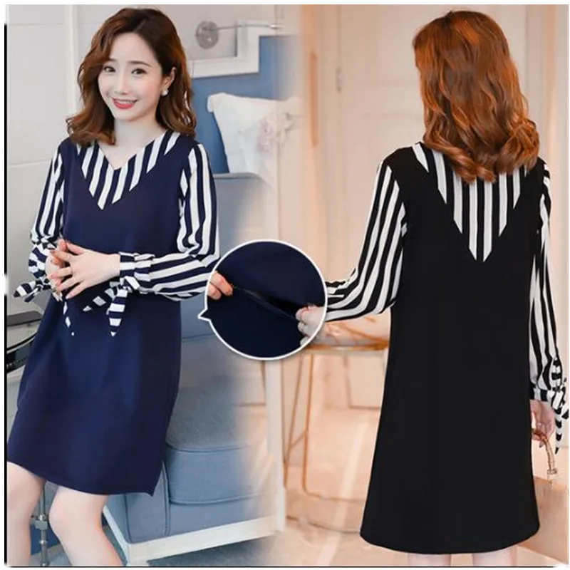 Платья для грудного вскармливания; коллекция года; осенняя одежда в полоску для кормящих мам; Одежда для беременных женщин с v-образным вырезом; одежда для грудного вскармливания; C0128
