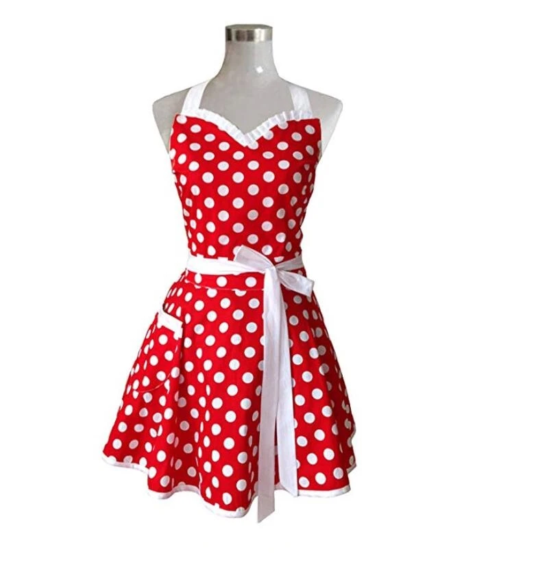

Red Retro Kitchen Apron Woman Girl Cotton Polka Dot Cooking Salon Pinafore Vintage Dress Waterproof
