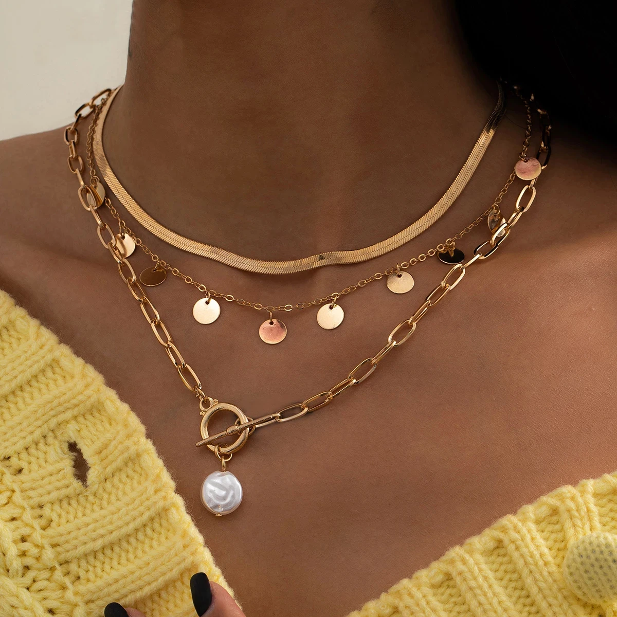 

3 Pack Vintage Gold Multilayer Ladies Coin Pendant Chain Necklace Set Snake Chain Tassel Pearl Gothic Choker Jewelry