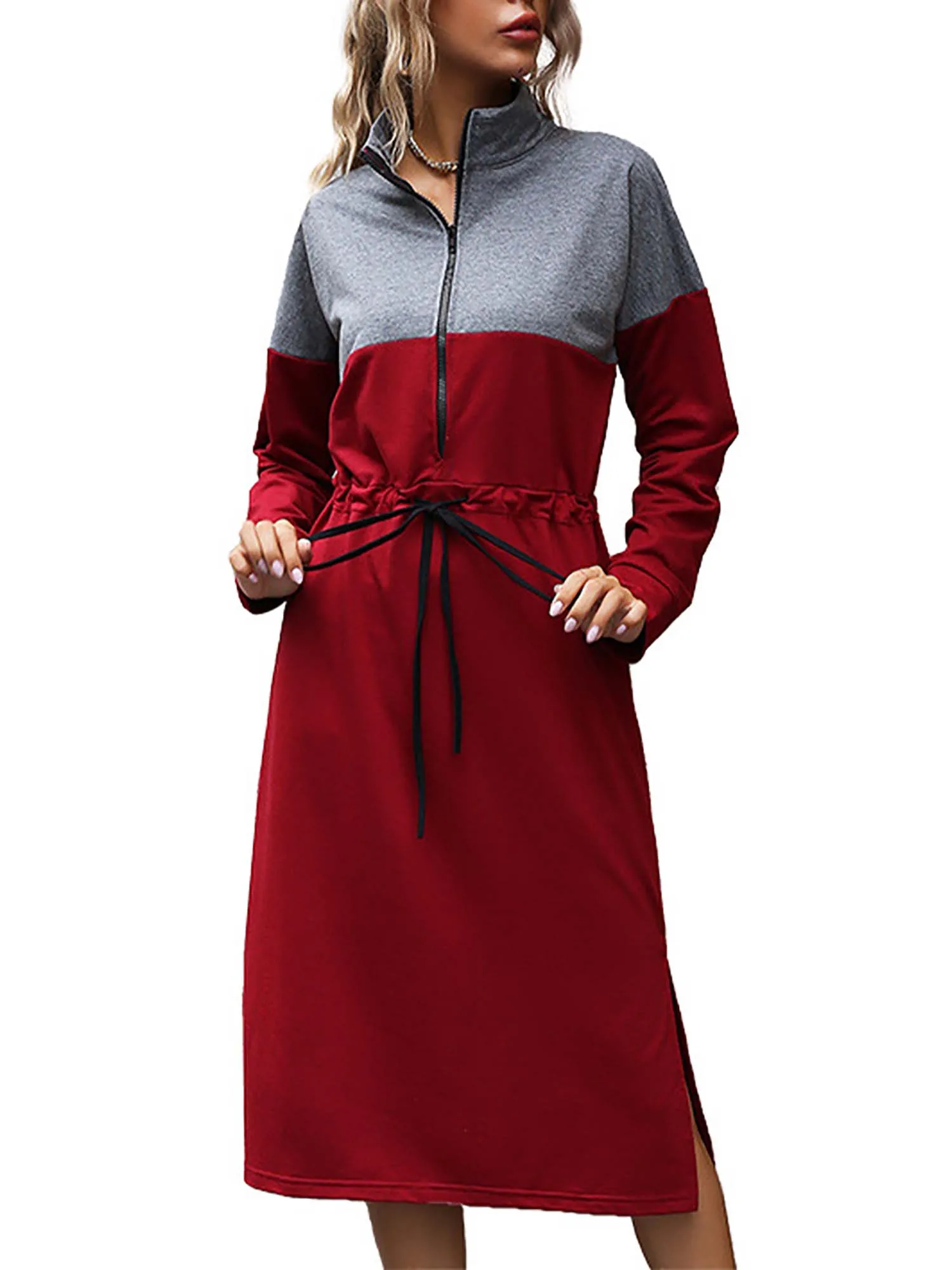 

Half high collar Zip Draw String Patchwork Midi Cotton Linen Colorblock Long Sleeve Dress Spring/Autumn Casual A-Line Dress