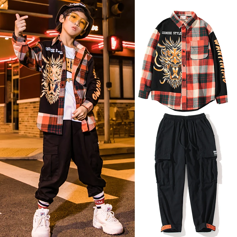 Танцевальные костюмы в стиле хип хоп Детская рубашка клетку Брюки Уличная