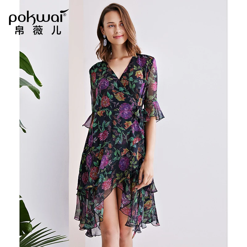 2020 шелковое платье с коротким рукавом POKWAI повседневные платья до колен цветочным