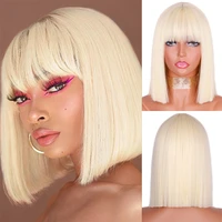 synthetic blonde wig with bangs short wigs for women golden wig straight bob wig natural heat resistant wigs 11 inches for party