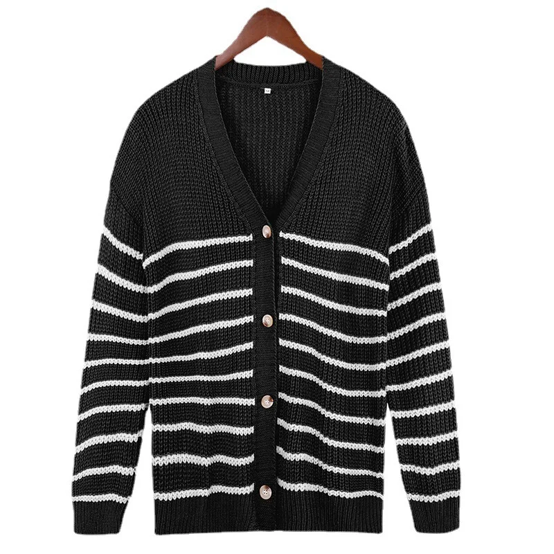 

2021 Women's Fall Winter New Casual Oversized All Match Knit Striped Cardigan Laides V Neck Long Sleeve Chic Knitted Sweater