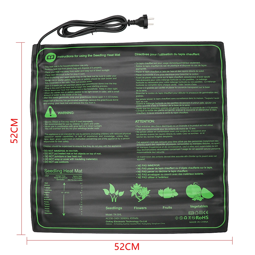 Estera de calor para pl&aacute;ntulas, 52x52cm, 45W, germinaci&oacute;n de semillas de plantas, almohadilla de calentamiento hidrop&oacute;nico c&aacute;lido, suministros de jard&iacute;n de 110V/220V-3