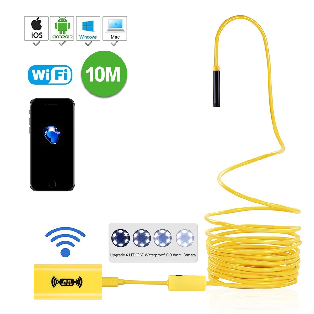2/5/10M WI FI эндоскоп Камера HD 1200P Мини Водонепроницаемый жесткий проверка кабеля USB
