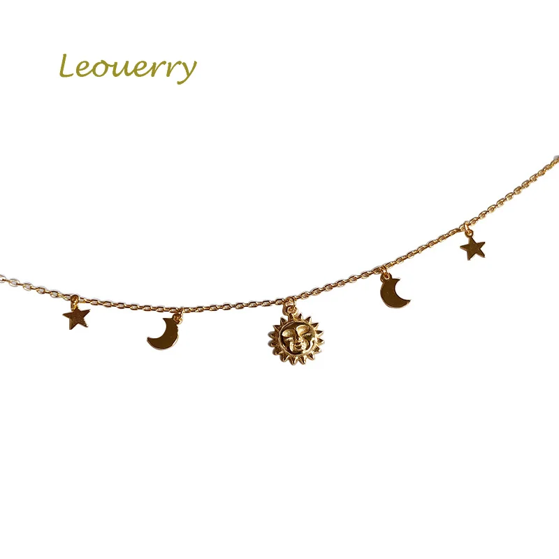 Leouerry 925 Sterling Silver Beautiful Sun Moon Star Necklace 14K Gold Plated Clavicular Chain Necklace for Women Simple Jewelry