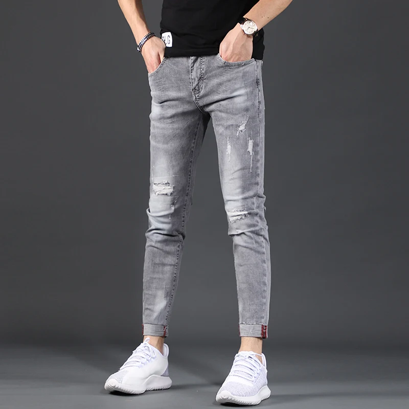 Men Ripped Skinny Jeans Summer Gray Cotton Stretch Ankle-Length Pants Fashion Korean Style Slim Fit Denim Trousers